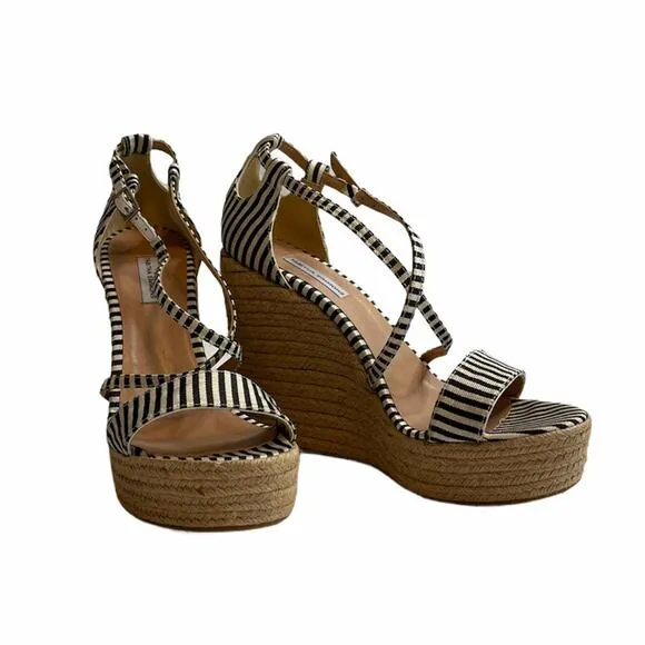 Tabitha Simmons Jenny Striped Black and White Strappy Espadrille Wedges Size 10