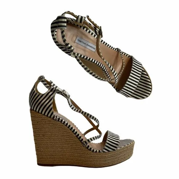 Tabitha Simmons Jenny Striped Black and White Strappy Espadrille Wedges Size 10