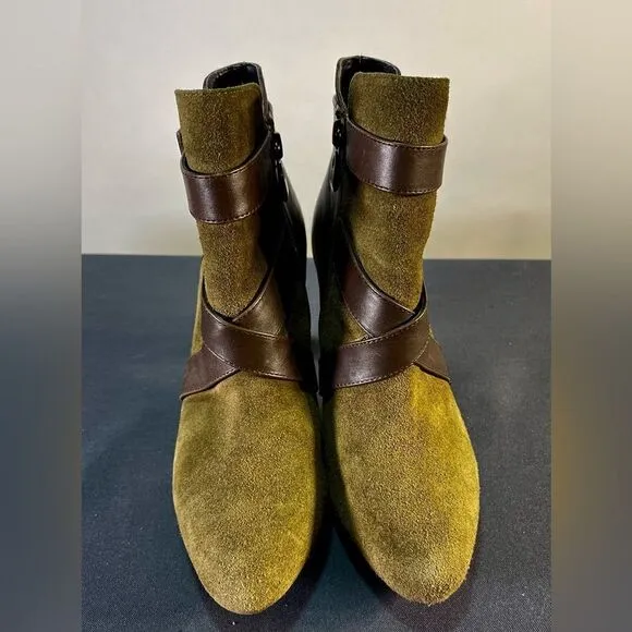Tahari Dina - Green suede and Brown Leather Heeled Ankle Boots