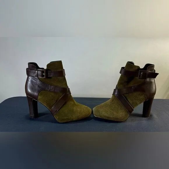 Tahari Dina - Green suede and Brown Leather Heeled Ankle Boots
