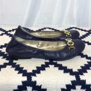 Tahari navy leather flats with gold buckle detail