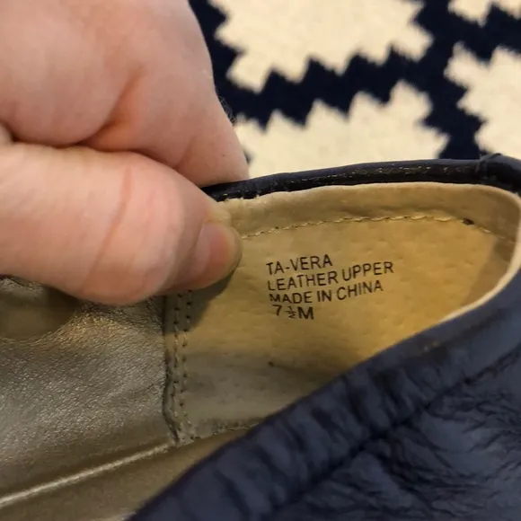 Tahari navy leather flats with gold buckle detail