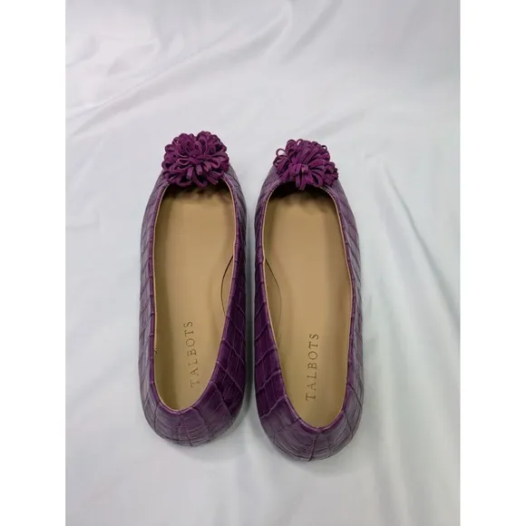 TALBOTS Flats Size 8.5 Stella Purple‎ Croc Embossed Leather Upper Pom Pom Ballet