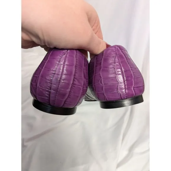 TALBOTS Flats Size 8.5 Stella Purple‎ Croc Embossed Leather Upper Pom Pom Ballet