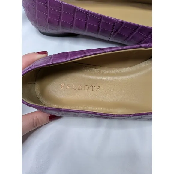 TALBOTS Flats Size 8.5 Stella Purple‎ Croc Embossed Leather Upper Pom Pom Ballet