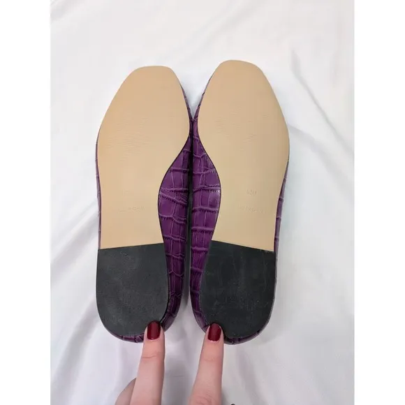 TALBOTS Flats Size 8.5 Stella Purple‎ Croc Embossed Leather Upper Pom Pom Ballet