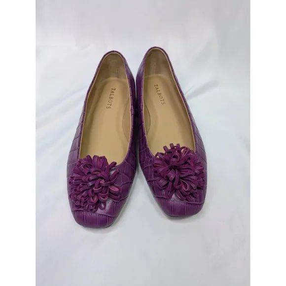 TALBOTS Flats Size 8.5 Stella Purple‎ Croc Embossed Leather Upper Pom Pom Ballet