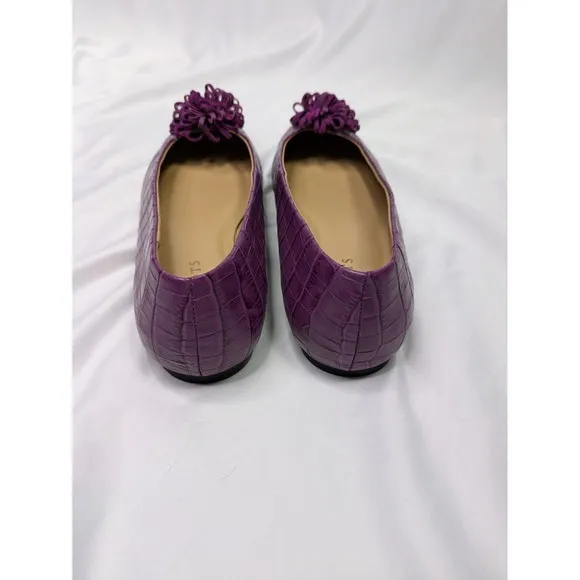 TALBOTS Flats Size 8.5 Stella Purple‎ Croc Embossed Leather Upper Pom Pom Ballet