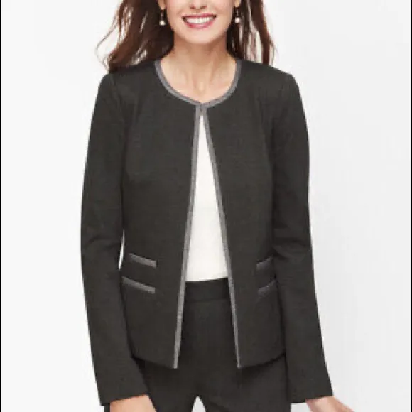 Talbots Luxe Knit Tipped Blazer Gray Sz 12