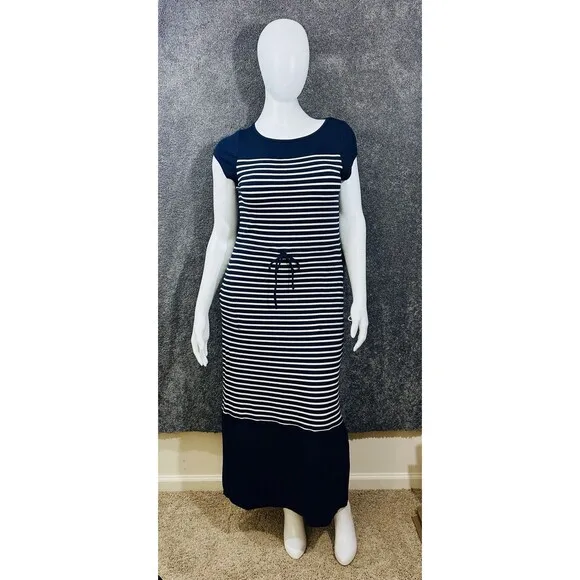 Talbots Striped Maxi Dress L Blue &amp; White Modal Blend Drawstring Coastal Chic