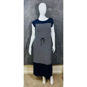 Talbots Striped Maxi Dress L Blue &amp; White Modal Blend Drawstring Coastal Chic