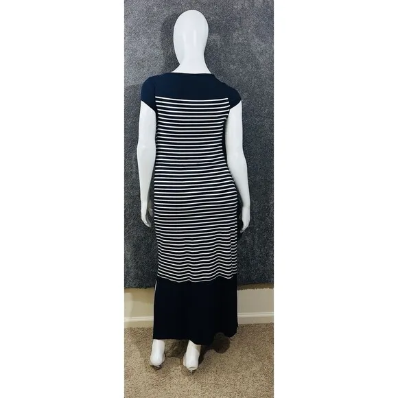 Talbots Striped Maxi Dress L Blue &amp; White Modal Blend Drawstring Coastal Chic