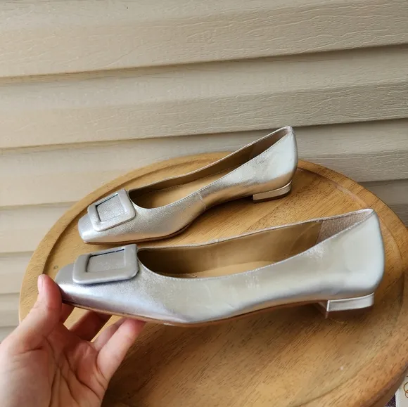 Talbots Sutton buckle silver metallic flats size 8