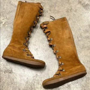 Tan Knee-High Lace Up Boots with Rubber Sole