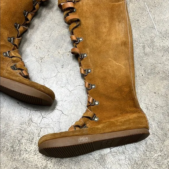 Tan Knee-High Lace Up Boots with Rubber Sole