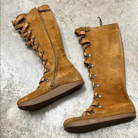 Tan Knee-High Lace Up Boots with Rubber Sole