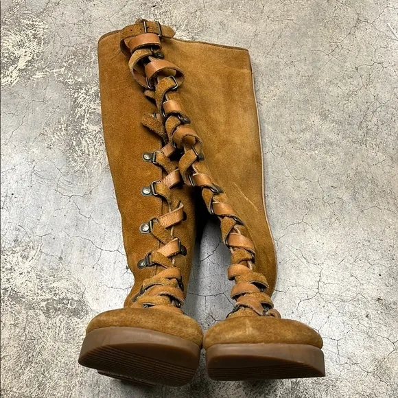 Tan Knee-High Lace Up Boots with Rubber Sole