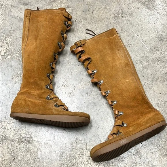 Tan Knee-High Lace Up Boots with Rubber Sole