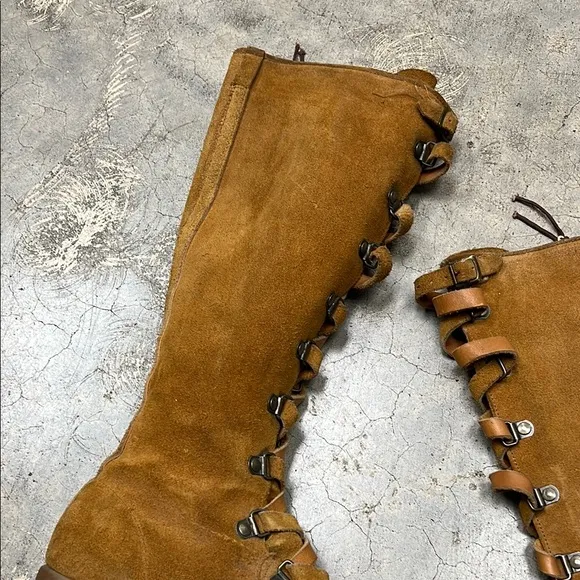 Tan Knee-High Lace Up Boots with Rubber Sole