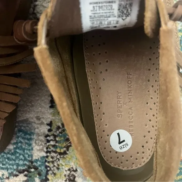 Tan suede Sperry X Rebecca Minkoff leather moccasins shoes