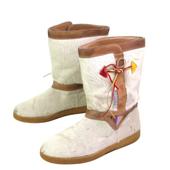Tecnica ITALY WHITE GOAT FUR RETRO ROUND TOE FLAT WINTER WOMEN'S BOOTS Size 39