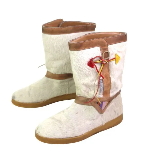 Tecnica ITALY WHITE GOAT FUR RETRO ROUND TOE FLAT WINTER WOMEN'S BOOTS Size 39