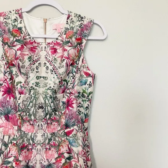 Ted Baker Gaea Layered-Bouquet Fit-&amp;-Flare Dress Pink/White Floral Party Sz 4