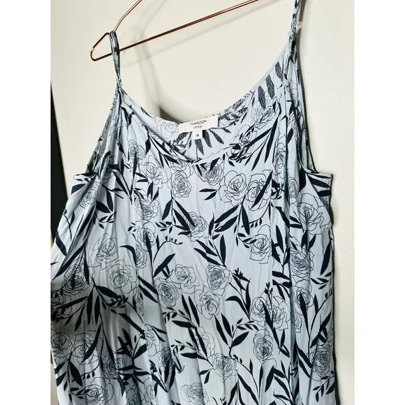 THANKOON COLLECTIVE Blue Shift V-Neck Floral Leaf Print Midi Dress Size 14