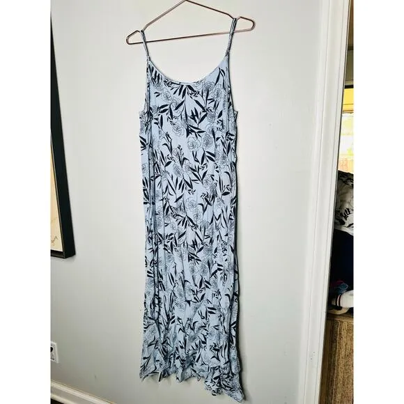 THANKOON COLLECTIVE Blue Shift V-Neck Floral Leaf Print Midi Dress Size 14