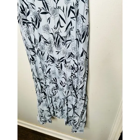 THANKOON COLLECTIVE Blue Shift V-Neck Floral Leaf Print Midi Dress Size 14