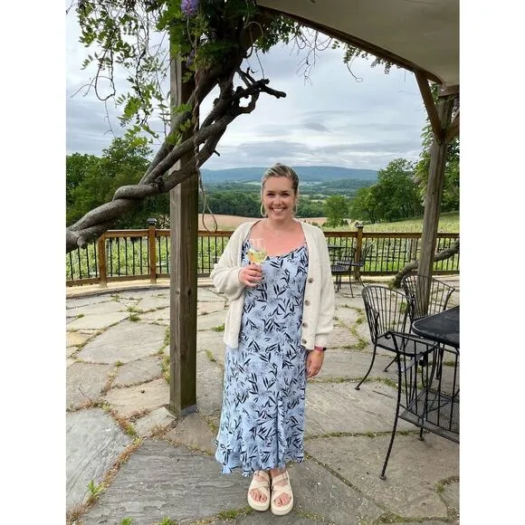 THANKOON COLLECTIVE Blue Shift V-Neck Floral Leaf Print Midi Dress Size 14