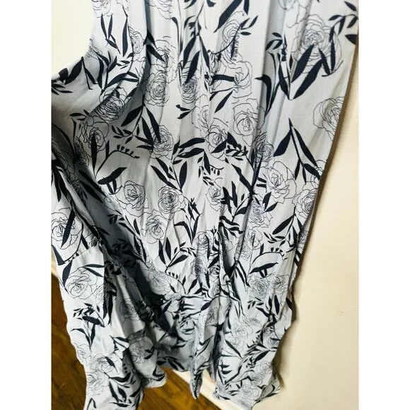 THANKOON COLLECTIVE Blue Shift V-Neck Floral Leaf Print Midi Dress Size 14