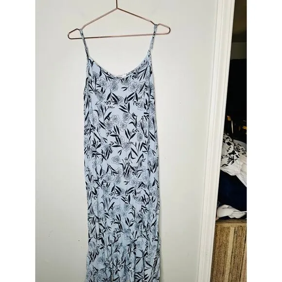 THANKOON COLLECTIVE Blue Shift V-Neck Floral Leaf Print Midi Dress Size 14