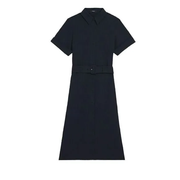 Theory Navy Blue Seersucker Dress Size Large * missing belt
