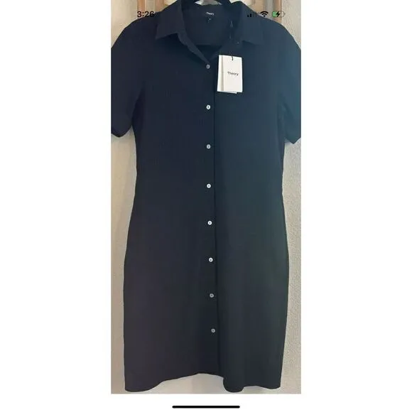 Theory Navy Blue Seersucker Dress Size Large * missing belt