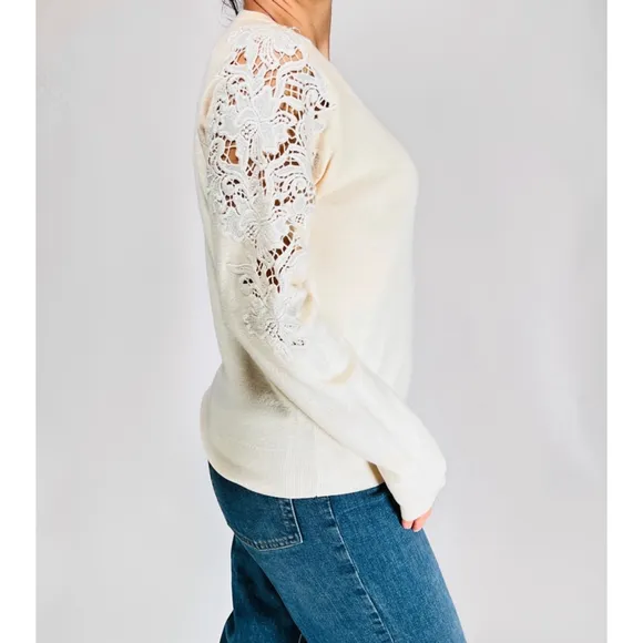 Theory Womans NEW Sweater Cream Sweater S/P Lace Wool Blend