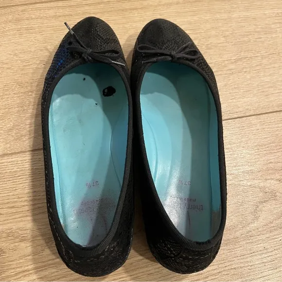 Thierry Rabotin Black Italian Snakeskin Leather Bow Ballet Flats Size 37.5/7.5