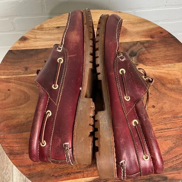Timberland Boat Shoes Men 12M Oxblood Leather Loafers 3 Eye Lug Handsewn Casual