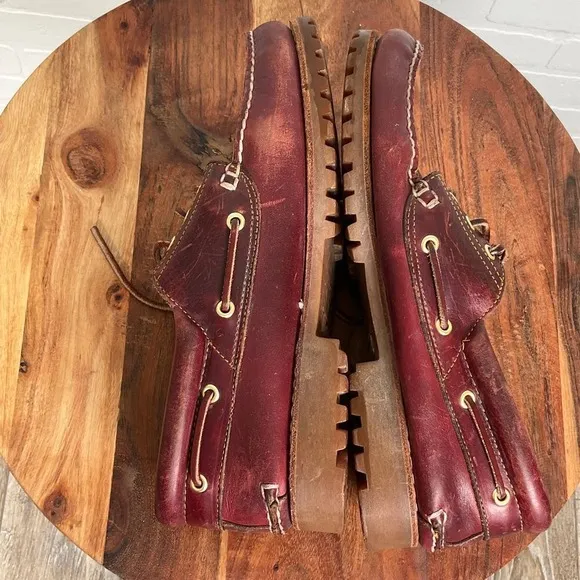 Timberland Boat Shoes Men 12M Oxblood Leather Loafers 3 Eye Lug Handsewn Casual