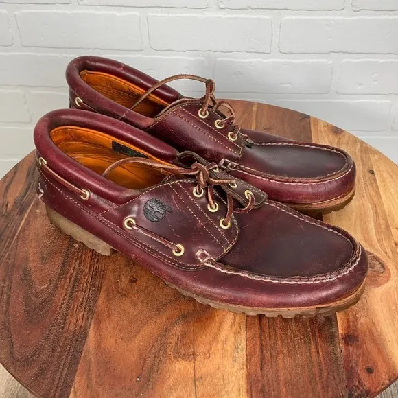Timberland Boat Shoes Men 12M Oxblood Leather Loafers 3 Eye Lug Handsewn Casual