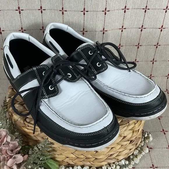Timberland Boat Shoes Mens Size 11.5 Black &amp; White Leather Deck Shoes PreLoved