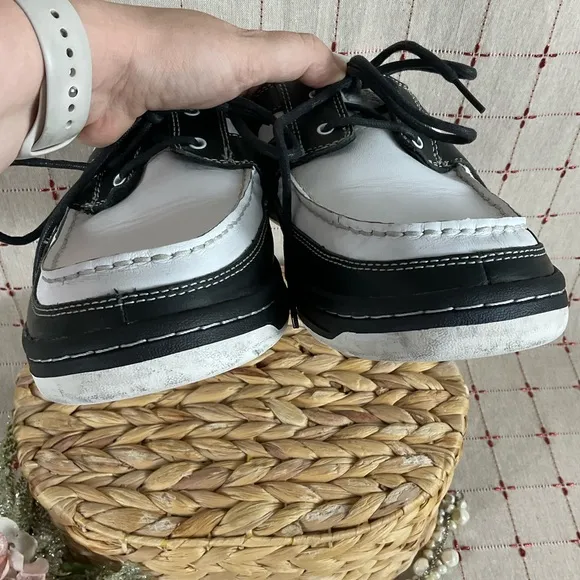 Timberland Boat Shoes Mens Size 11.5 Black &amp; White Leather Deck Shoes PreLoved