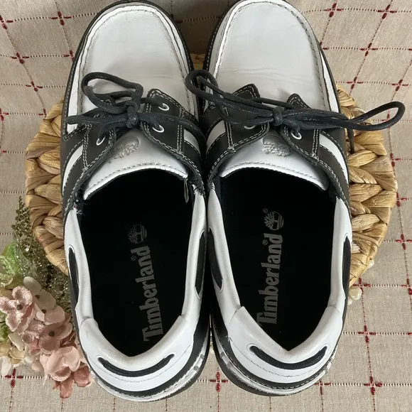 Timberland Boat Shoes Mens Size 11.5 Black &amp; White Leather Deck Shoes PreLoved