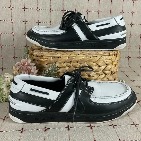 Timberland Boat Shoes Mens Size 11.5 Black &amp; White Leather Deck Shoes PreLoved