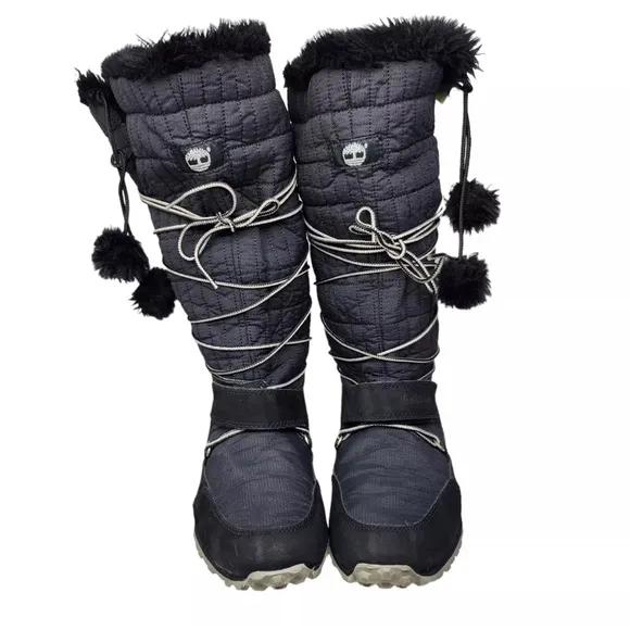 Timberland Boots Womens 10 Black Knee High Suede Pom Pom Lace Up Winter Snow