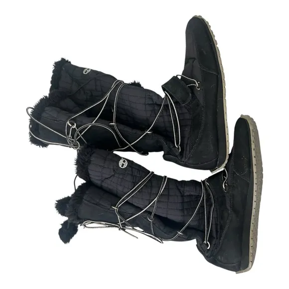 Timberland Boots Womens 10 Black Knee High Suede Pom Pom Lace Up Winter Snow