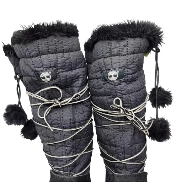 Timberland Boots Womens 10 Black Knee High Suede Pom Pom Lace Up Winter Snow