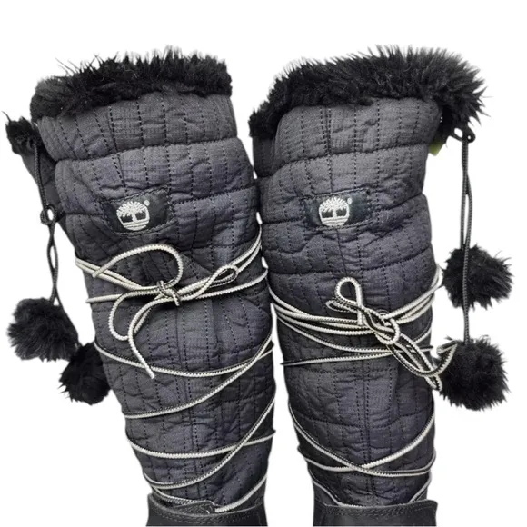 Timberland Boots Womens 10 Black Knee High Suede Pom Pom Lace Up Winter Snow