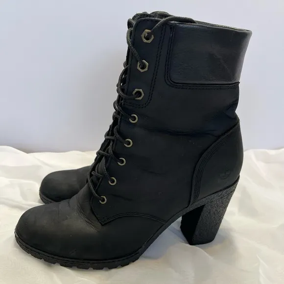 Timberland Earthkeepers Glancy Lace Up Heeled Boots Booties Leather Sz 9.5 Black