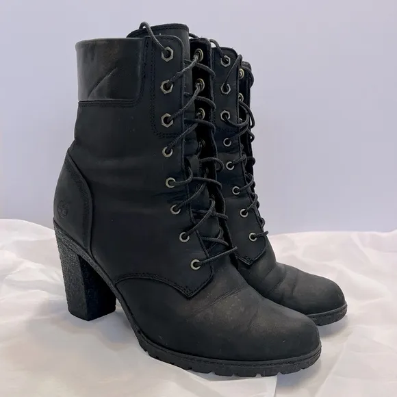 Timberland Earthkeepers Glancy Lace Up Heeled Boots Booties Leather Sz 9.5 Black
